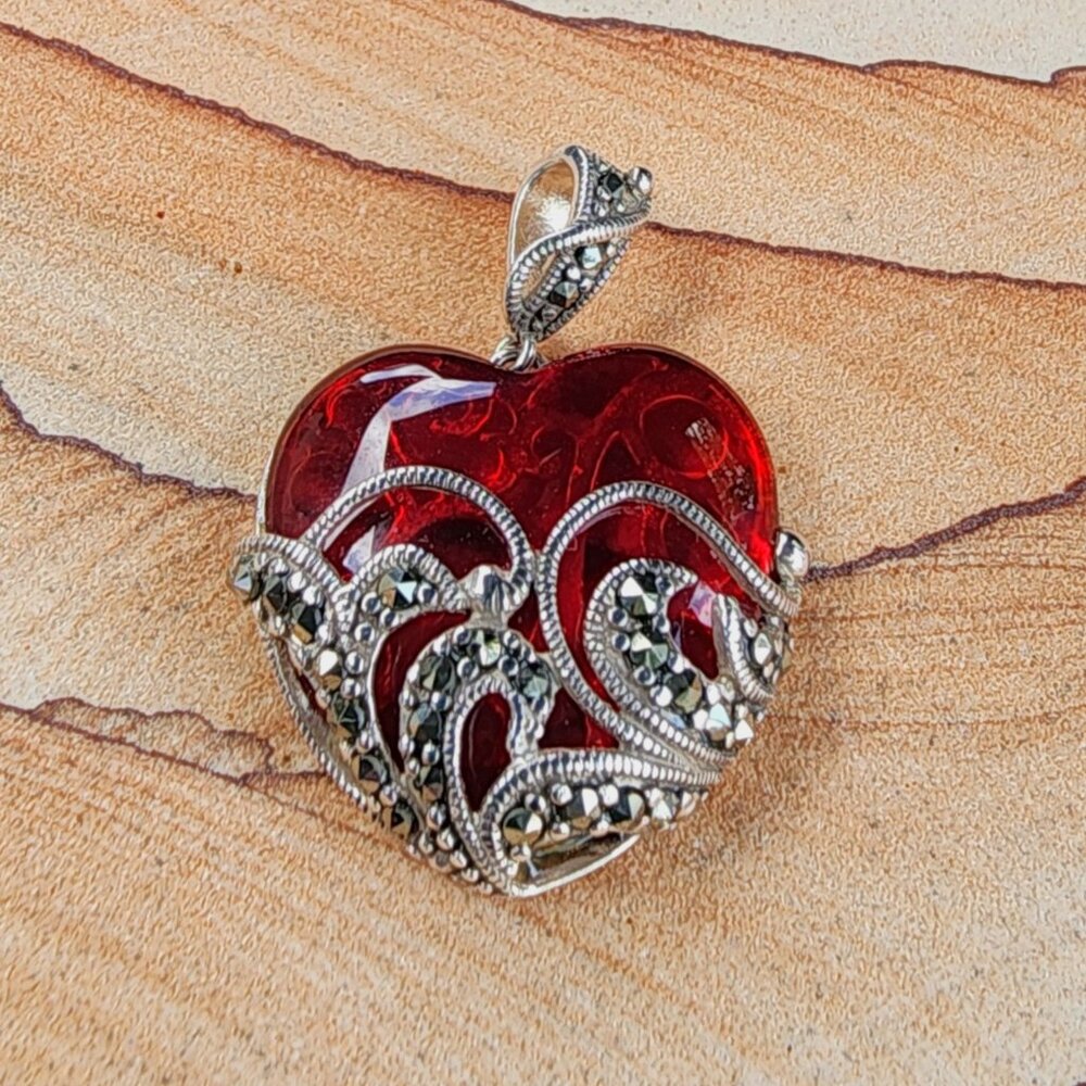 Ross Simons Sterling Silver Real Marcasite Glass Heart Large Pendant Vintage